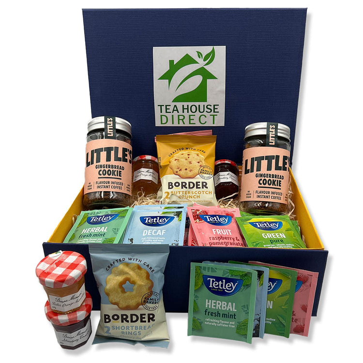Border Biscuits Gift Set with Different Flavours X 5 Packets | Bonne Orange Marmalade X 2 & Bonne Strawberry X 2 | Little Gingerbread Cookie X 2 | Tetley Tea X 20 Sachets | Luxury Blue Gift Box