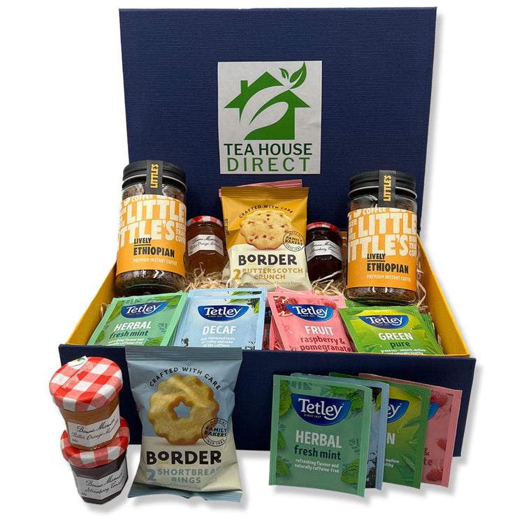 Border Biscuits Gift Set with Different Flavours X 5 Packets | Bonne Orange Marmalade X 2 & Bonne Strawberry X 2 | Little Lively Ethiopian X 2 | Tetley Tea X 20 Sachets | Luxury Blue Gift Box