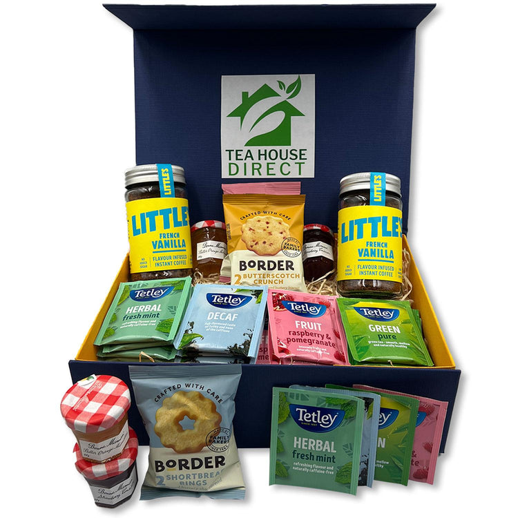 Border Biscuits Gift Set with Different Flavours X 5 Packets | Bonne Orange Marmalade X 2 & Bonne Strawberry X 2 | Little French Vanilla X 2 | Tetley Tea X 20 Sachets | Luxury Blue Gift Box