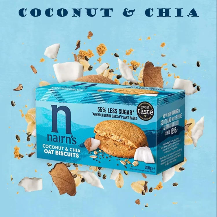 Nairn's Coconut & Chia Oat Biscuits Made with Wholegrain Oats Delicious 200g x 3