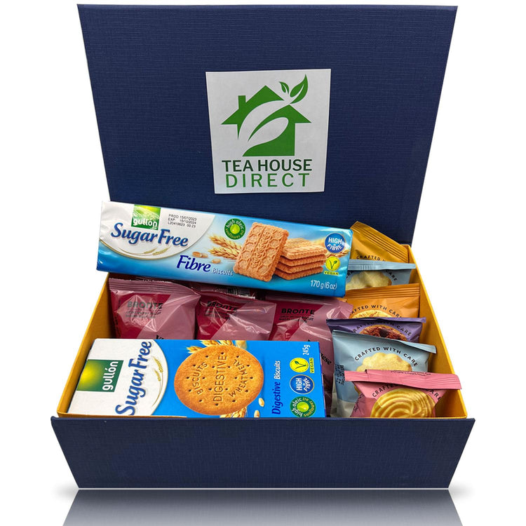 Gullon Fibre Biscuits | Gullon Digestive Biscuits | Border Biscuits Various Flavour X6 | Bronte Bakers Biscuits X6 | Vegan-Free | In a Blue Luxurious Gift Hamper
