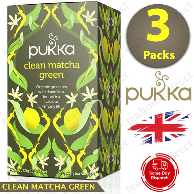 Pukka Herbal Organic Teas Tea Sachets - Clean Matcha Green Flavour pack Of 3
