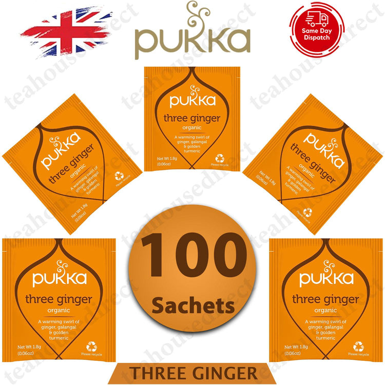 Pukka Herbal Organic Teas Tea Sachets Caffeine Free - Three Ginger (100 Sachets)