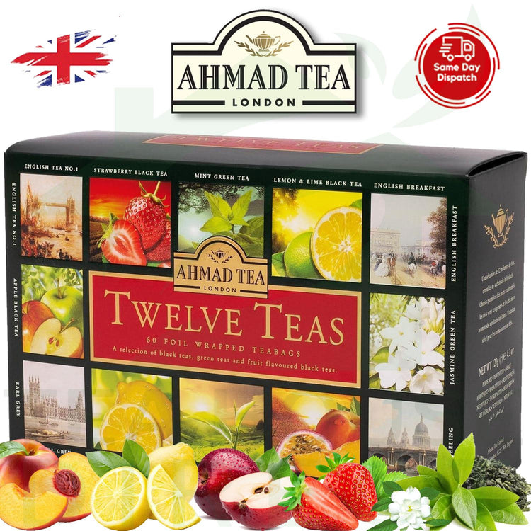 Ahmad Tea Twelve Teas Selection Pack 60 Foil Wrapped Teabags Sachets 12 Flavours