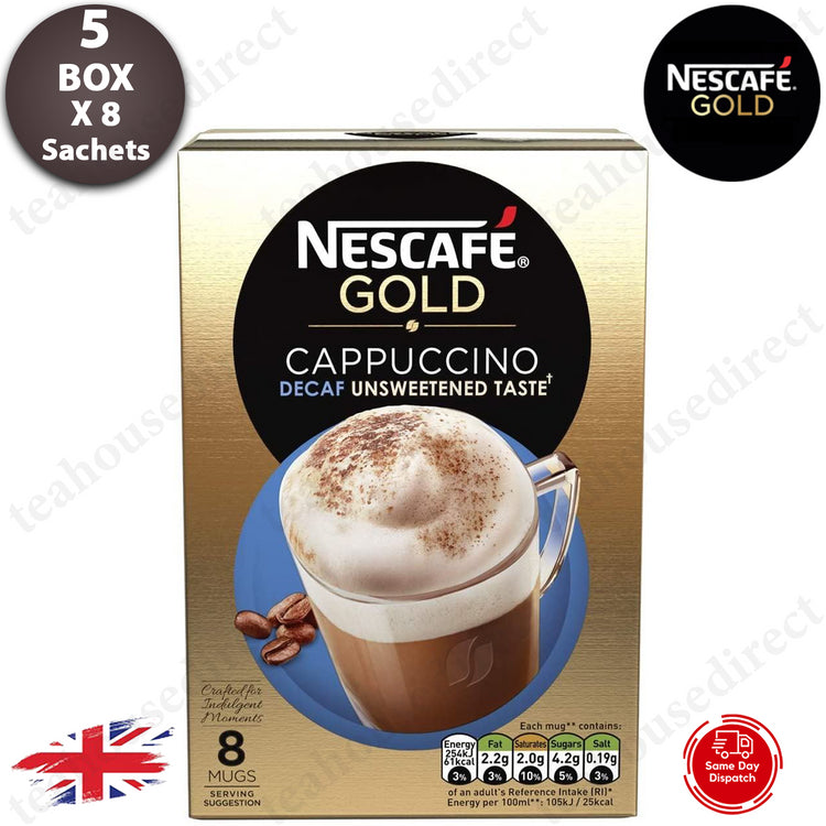 5Box Nescafe Gold Frothy Instant Coffee 8Mugs-Cappuccino Decaf Unsweetened Taste