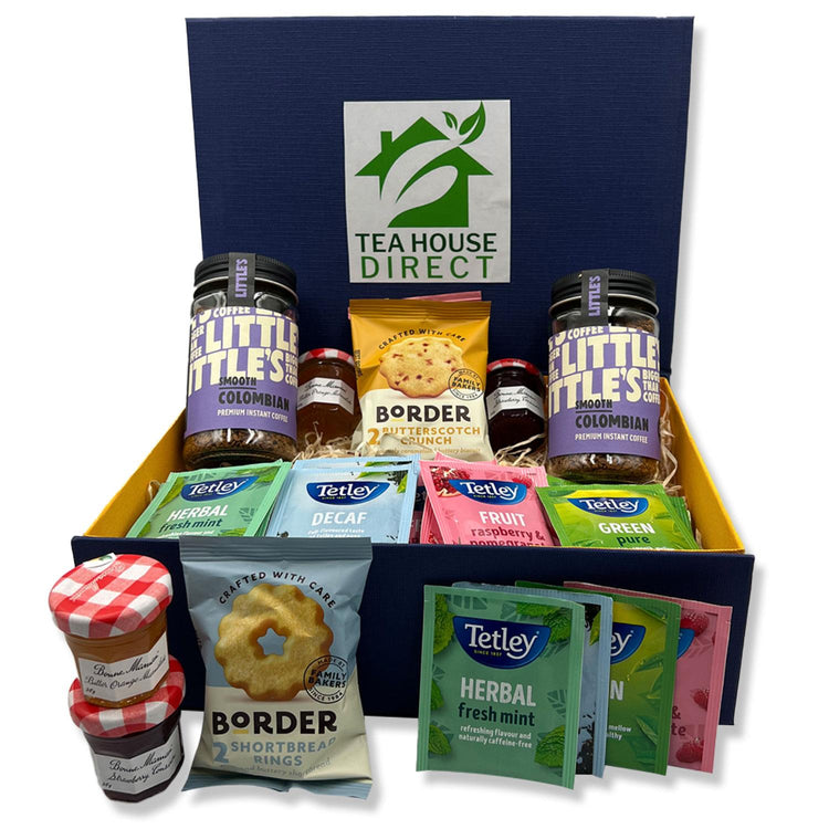 Border Biscuits Gift Set with Different Flavours X 5 Packets | Bonne Orange Marmalade X 2 & Bonne Strawberry X 2 | Little Smooth Colombian X 2 | Tetley Tea X 20 Sachets | Luxury Blue Gift Box