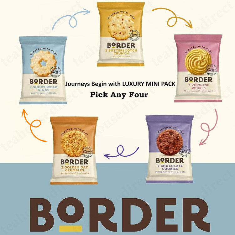 Border Biscuits - Butterscotch Crunch, Viennese Whirls, Chocolate Cookies | 5 Lotus Biscoff cookies | Twinings English Breakfast 50 Sachets | 4 Bronte Biscuits | 4 Walkers Shortbread Rounds - Gift Set