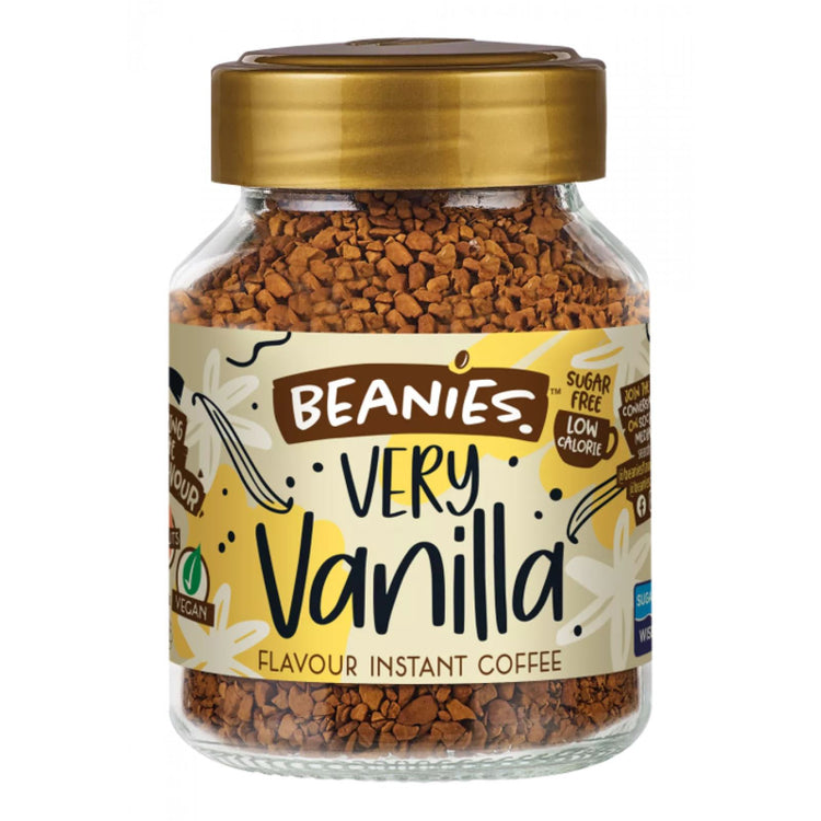 Beanies Very Vanilla Latte Flavours Instant Coffee 50g Low Calorie Sugar Free x5