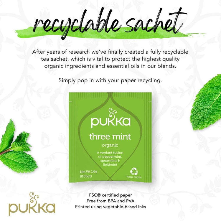 Pukka Herbal Organic Teas Tea Sachets Caffeine Free - Three Mint (100 Sachets)
