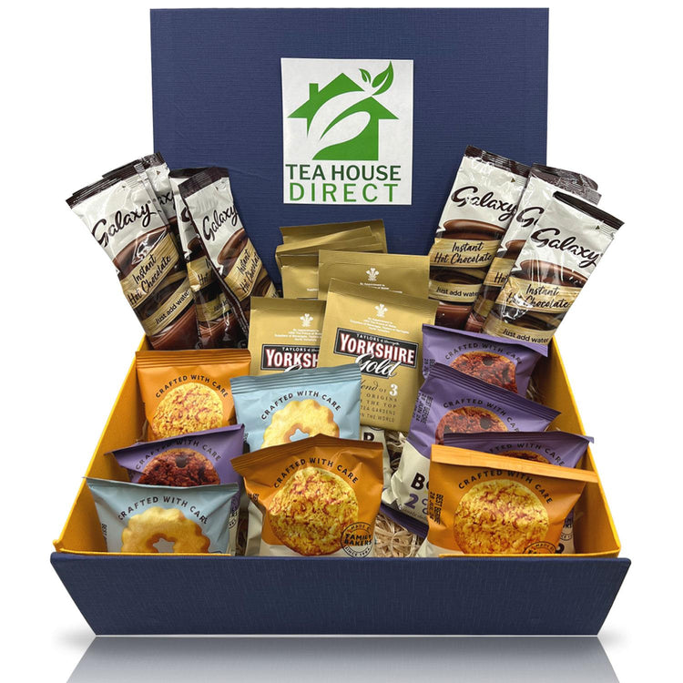 Border Biscuits Flavours - Butterscotch, Viennese Whirls, Chocolate Cookies, Golden Oat, Shortbread Rings | Taylors of Harrogate Yorkshire Gold x10 | Galaxy Instant Hot Chocolate x10 - Gift Set Hamper
