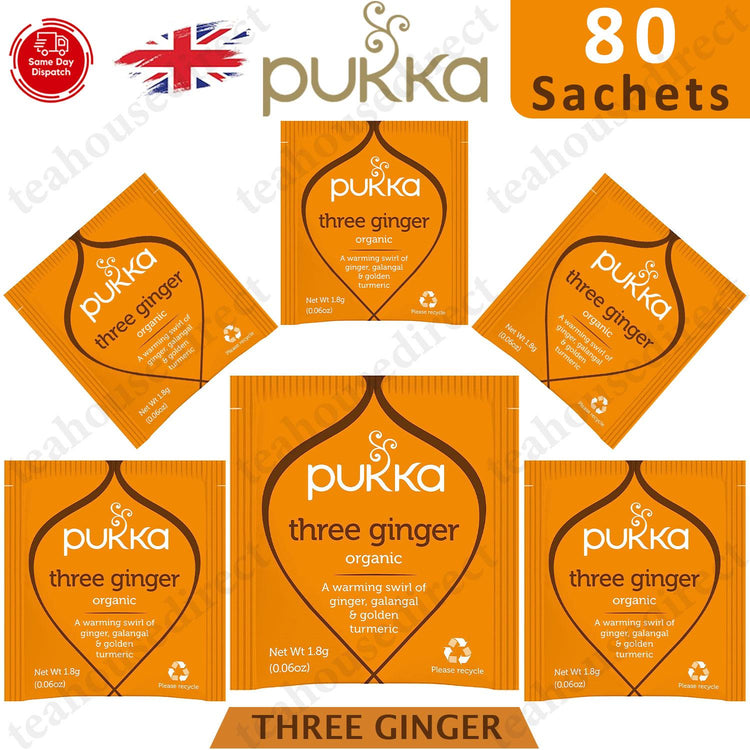 Pukka Herbal Organic Teas Tea Sachets Caffeine Free - Three Ginger (80 Sachets)