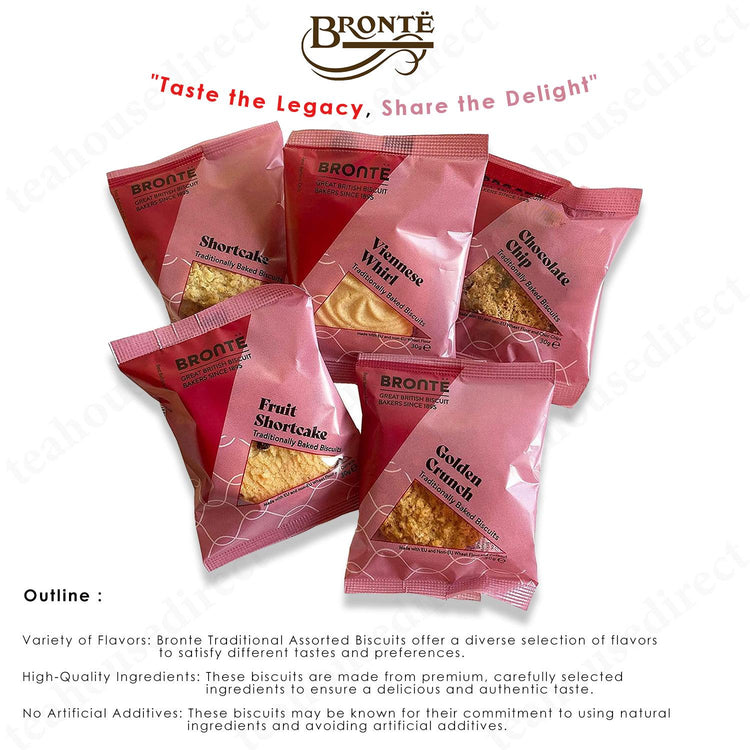 Bronte Biscuits Various Flavours - Shortcake, Viennese Whirl, Chocolate chip, Fruit Shortcake & Golden Crunch with Twinings Earl Grey (50 Packets) | Border Biscuits 5 deferent Flavours - Gift Set