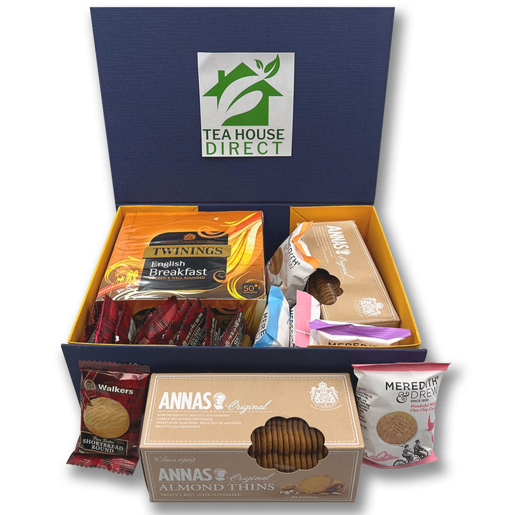 Walkers Shortbread Rounds X10 | Annas Original Almond Thins Biscuit | Meredith &amp; Drew X5 | Twinings English Breakfast Envelope (50-Sachets) | In a Blue Luxurious Gift Hamper