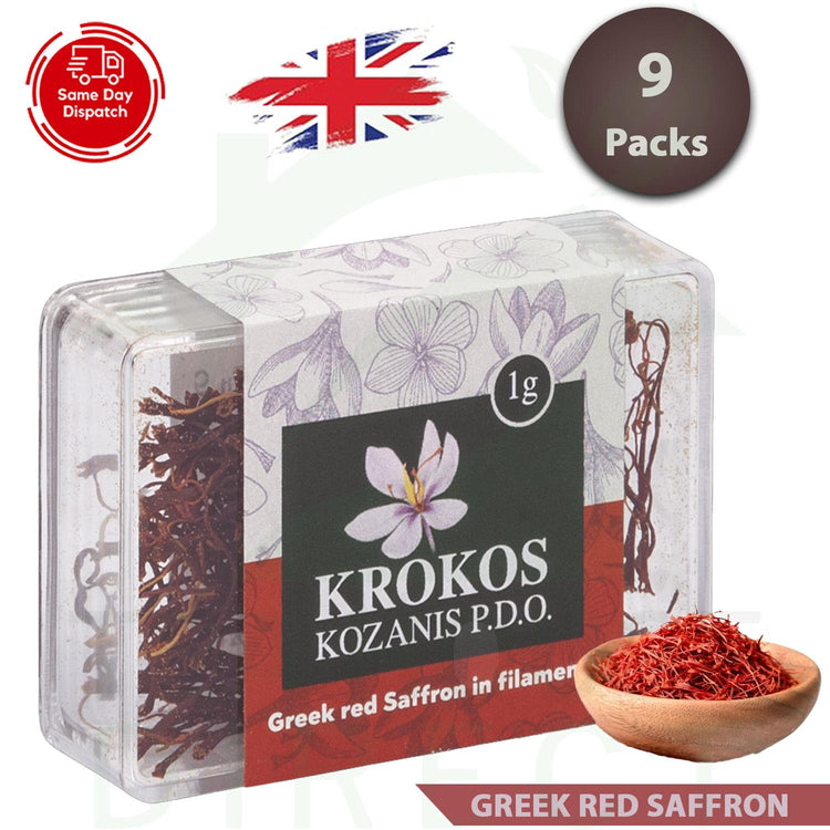 Krokos Kozanis Greek Red Saffron Produced & Packed in Greece 1g (9 Packs)