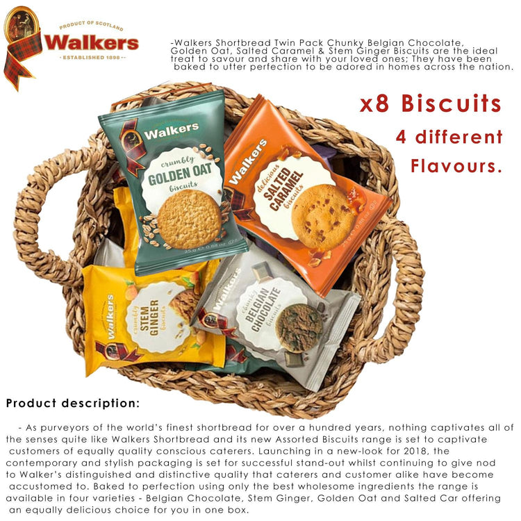 Walkers Biscuits - Golden, Salted Caramel, Belgian, Stem Ginger | Walkers Shortbread Rounds x10 | Bonne Strawberry & Orange Marmalade Jam each 2| Williamson Tea Duchess Grey (50-Sachets) - Gift Hamper