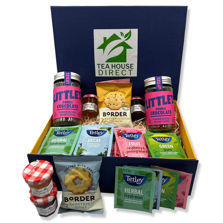Border Biscuits Gift Set with Different Flavours X 5 Packets | Bonne Orange Marmalade X 2 & Bonne Strawberry X 2 | Little Double Chocolate X 2 | Tetley Tea X 20 Sachets | Luxury Blue Gift Box
