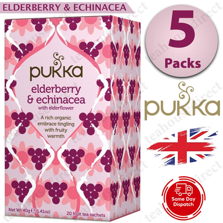 5X Pukka Herbal Organic Teas Tea Sachets - Elderberry, Echinacea & Elderflower