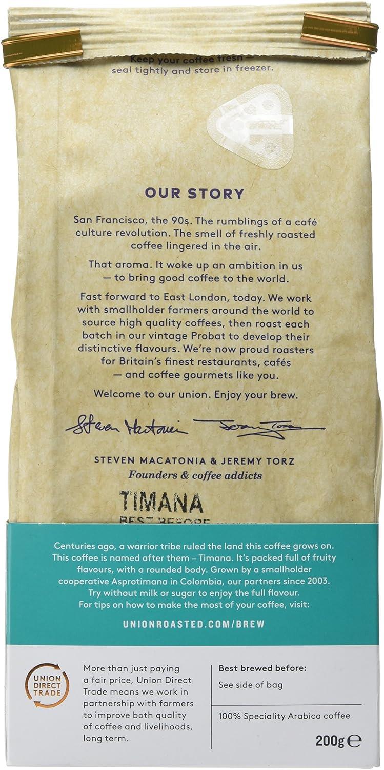 Union Hand Roasted Coffee Timana Colombia Ground Coffee 200g (Pack of 4)