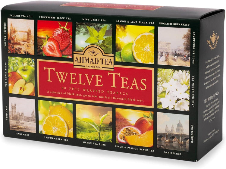 Ahmad Tea Twelve Teas Selection Pack 60 Foil Wrapped Teabags Sachets 12 Flavours