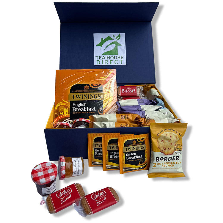 Tea Gift Set Hamper with Border Biscuits Various Flavours | Bonne Maman Bitter Orange Marmalade & Strawberry Conserve Jam | 10 Lotus Biscoff cookies | Twining English Breakfast (50 Sachets) - Gift Set