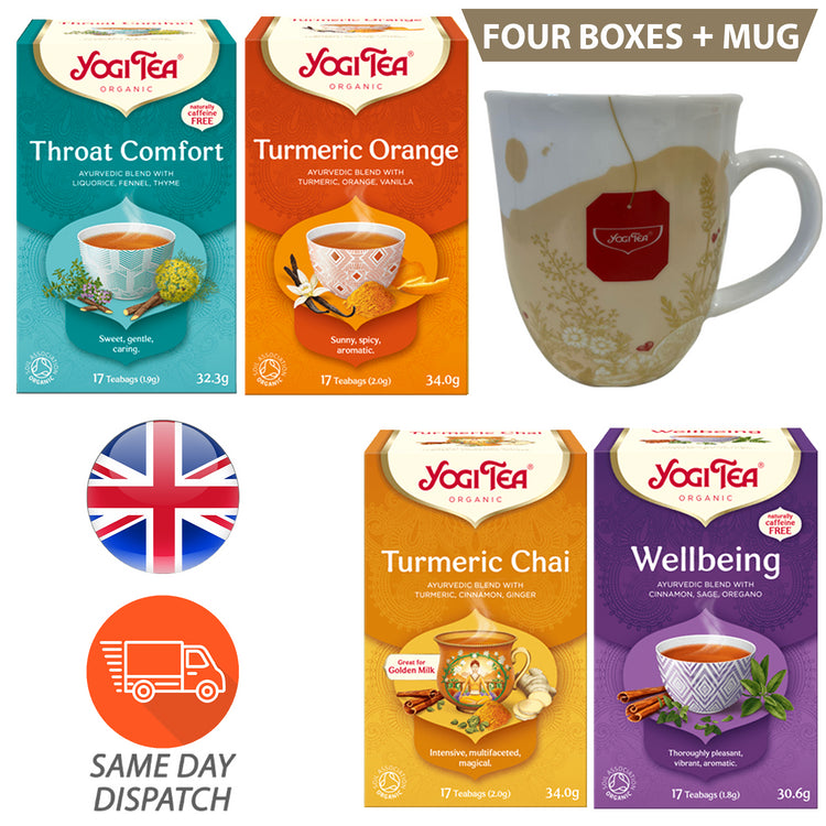 Yogi Tea Throat Comfort, Turmeric Orange, Turmeric Chai, Wellbeing 4 boxes 1 Mug
