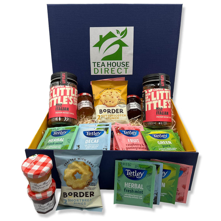 Border Biscuits Gift Set with Different Flavours X 5 Packets | Bonne Orange Marmalade X 2 & Bonne Strawberry X 2 | Little Bold Italian X 2 | Tetley Tea X 20 Sachets | Luxury Blue Gift Box