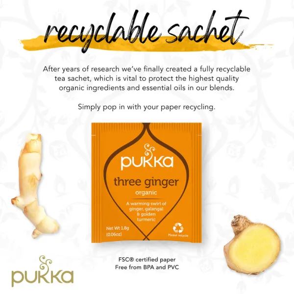 Pukka Herbal Organic Teas Tea Sachets Caffeine Free - Three Ginger (40 Sachets)