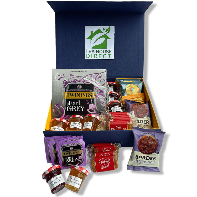 Tea Gift Set Hamper Border Biscuits Different Flavours| Bonne Maman Bitter Orange Marmalade & Strawberry Conserve Jam each three | 5 Lotus Biscoff Cookies Twining Earl Grey 50 Sachets - Gift Set