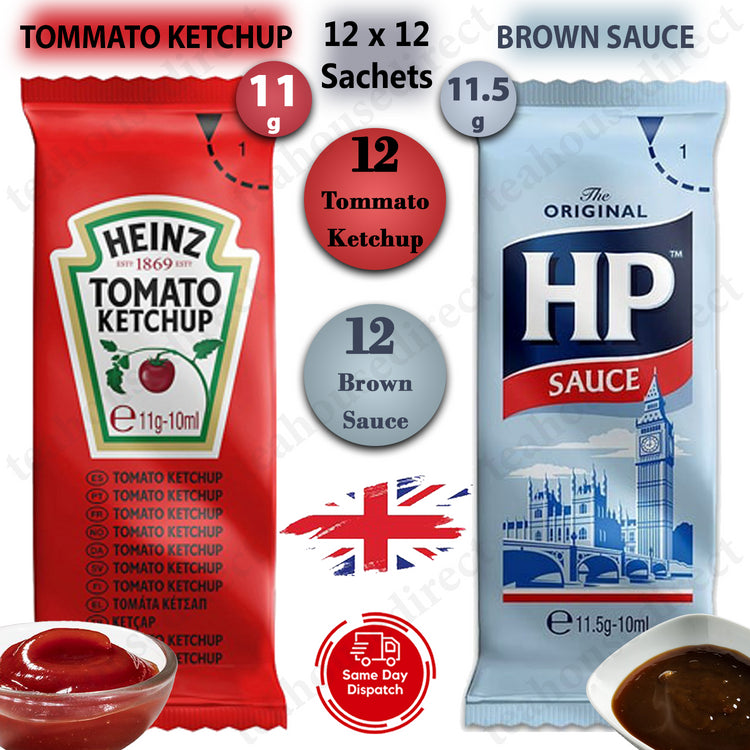 12 x Heinz Tomato Ketchup & 12 x HP Brown Sauce Sachets Portions (24 in total)