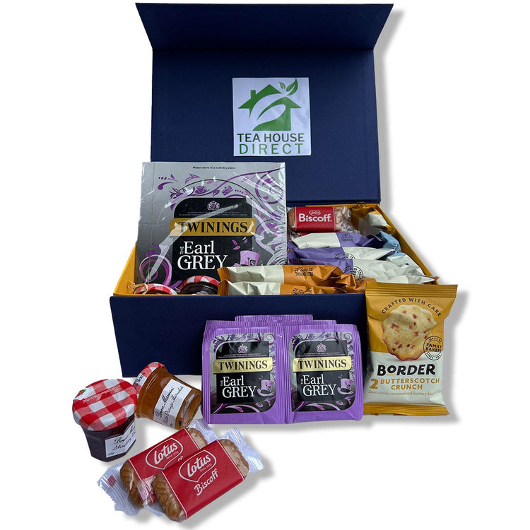 Tea Gift Set Hamper with Border Biscuits 5 Different Flavours| Bonne Maman Bitter Orange Marmalade & Strawberry Conserve Jam | 10 Lotus Biscoff cookies Twining Earl Grey Tea - 50 Packets - Gift Set