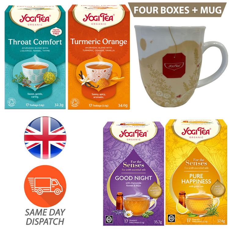 Yogi Tea Throat Comfort,Turmeric Orange, Good Night,Pure Happiness 4 boxes 1 Mug